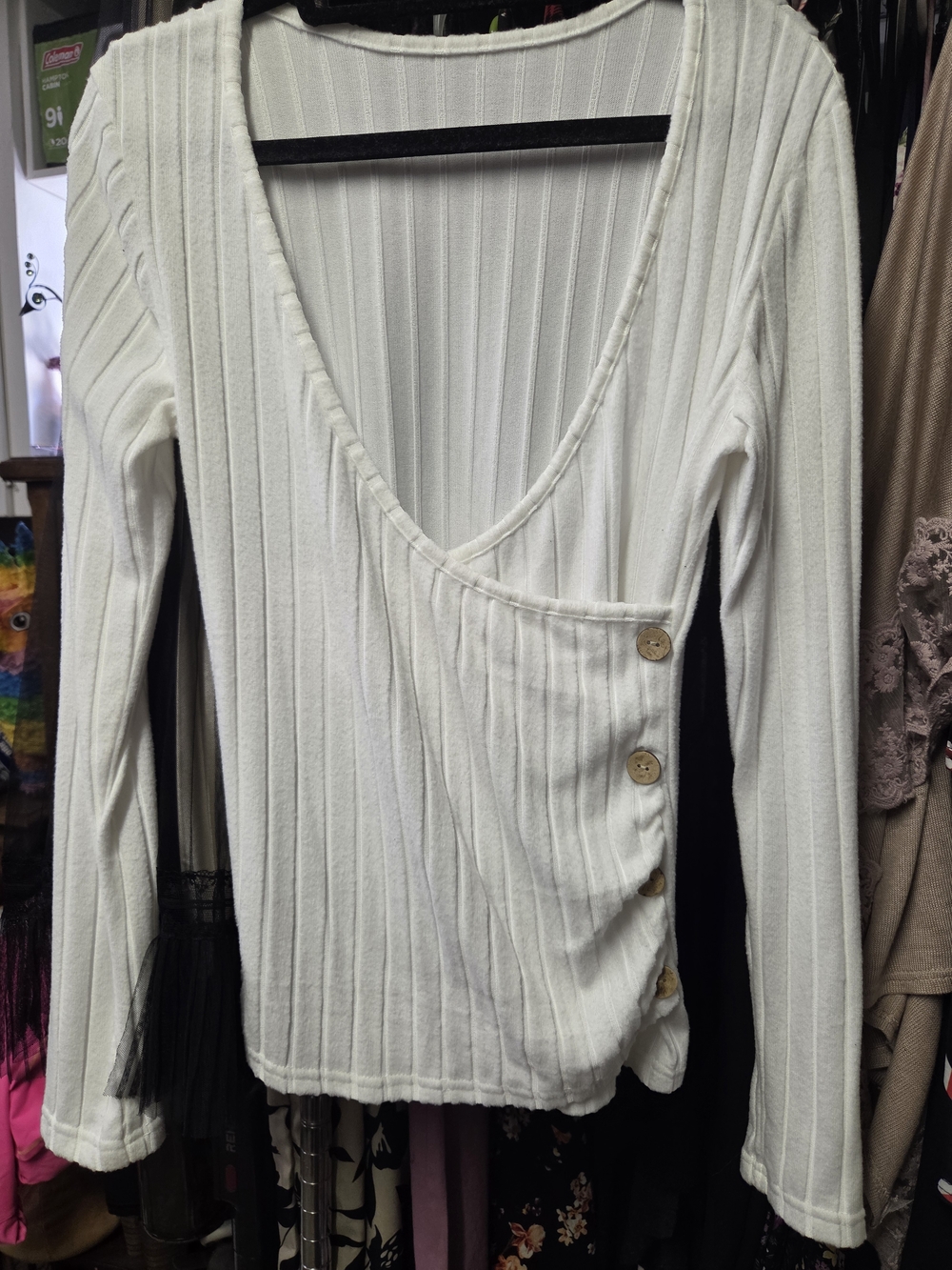 SHEIN White Ribbed V-Neck Long Sleeve Top with Side Buttons